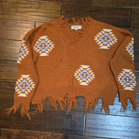 Sweaters - Fringed Orange Sweater with Geometric Patterns